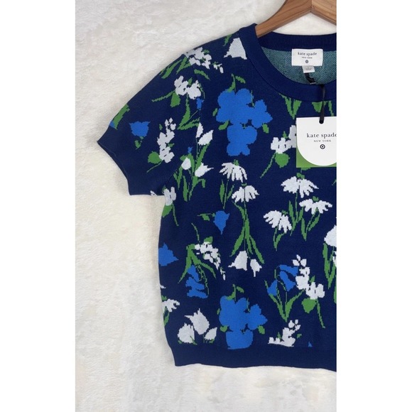 Kate Spade Floral Print Short Sleeve Crewneck Sweater Top Sz L Blue Pull Over - Picture 2 of 11